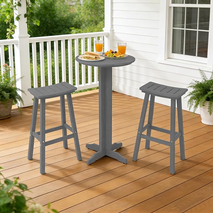 3-Piece Outdoor Bar Table Set, HDPE Patio Dining Set, 1 Round Bar Table & 2 Bar - Image 2
