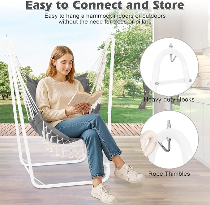 Hammock Chair with U Shape Stand, Cotton Swing Chair with Side Pocket, - Image 5