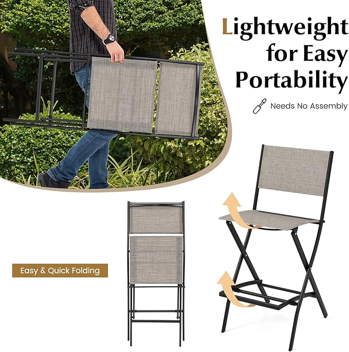 COSTWAY Outdoor Patio Bar Chair Set of 2, Folding Bar Height Stool - Image 3