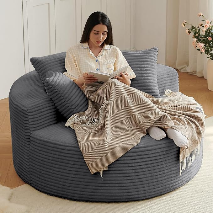Oversized Round Chair Lounge Chaise Indoor, Upholstered Corduroy Deep Seat - Image 3