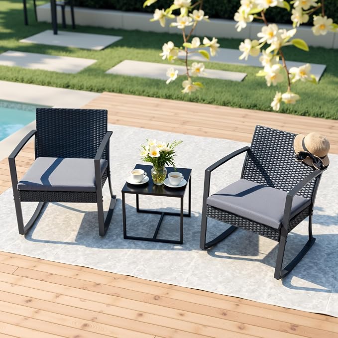Devoko Resin Patio Furniture Set 3 Piece All Weather Outdoor Rocking Chairs - Image 7
