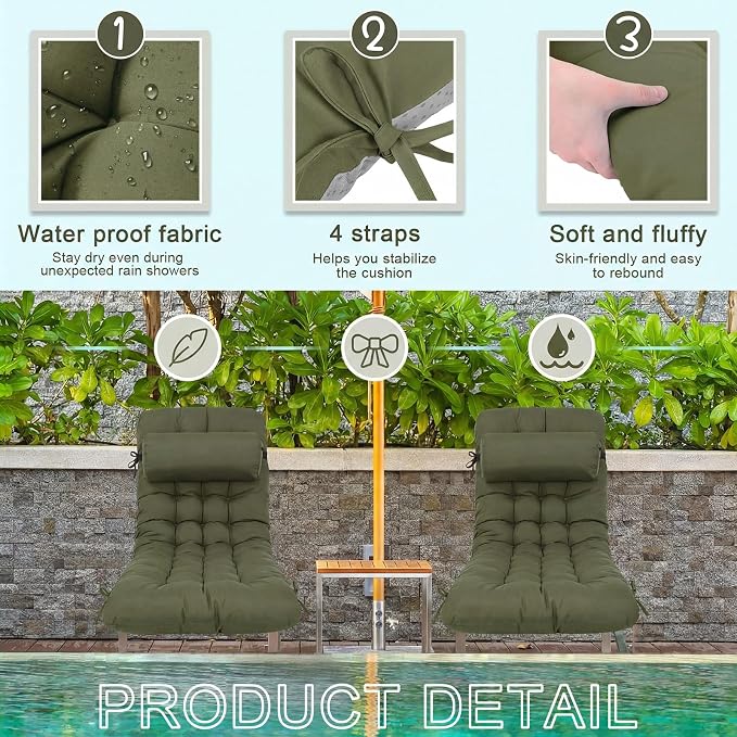 Tudomro 1 Pcs Olive Green 66'' Outdoor Chaise Lounge Cushion Waterproof Patio - Image 4