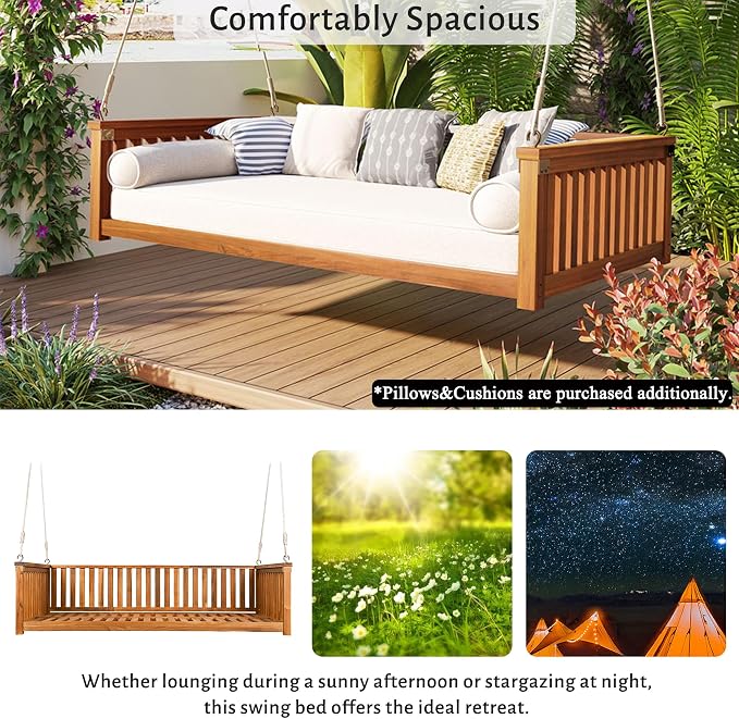 LUMISOL Twin Size Patio Swing Bed, Wooden Porch Swing Frame - Image 3
