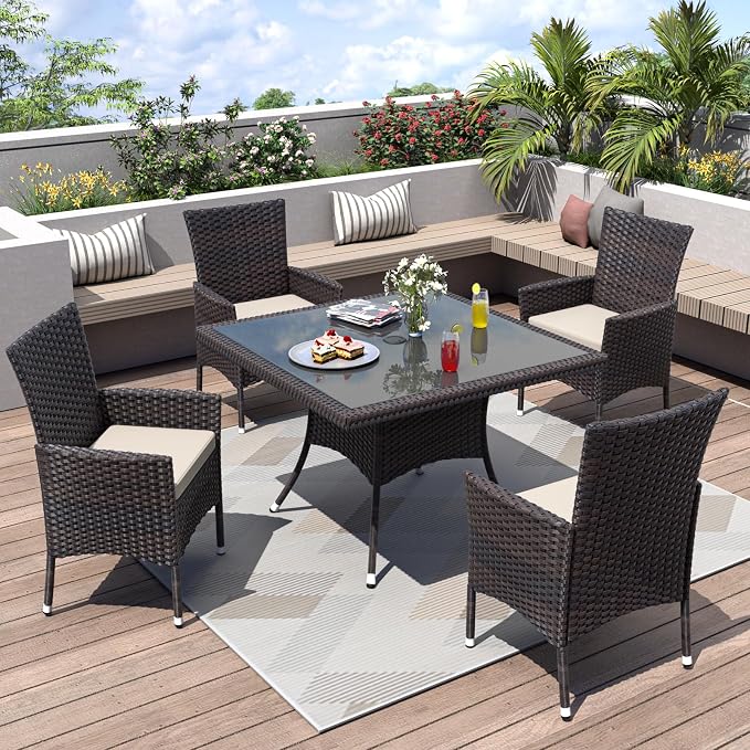 ALAULM 5 Piece Patio Dining Set All-Weather Wicker Outdoor Furniture Set by ALAULM