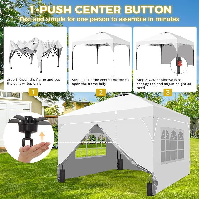 8x8 FT Pop Up Canopy with 1-Button Push, 4 Removable Sidewalls, Instant Canopy - Image 2