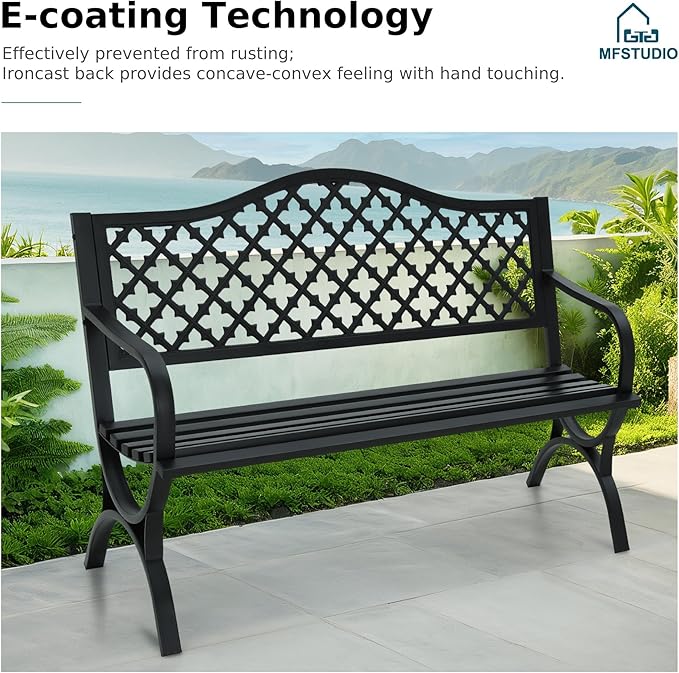 MFSTUDIO Outdoor Metal Bench Set of 2, Cast Iron Frame Patio Furniture - Image 4