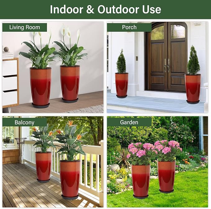 Set of 2 Lightweight Ceramic-Look Tall Planter, 21 inch Large Plastic Planter - Image 6