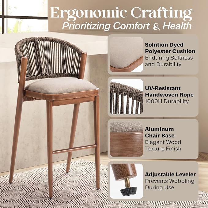 IDZO 400lbs Capacity Modern Rope Bar Stools Set of 2, 28 Inches Bar Height - Image 3