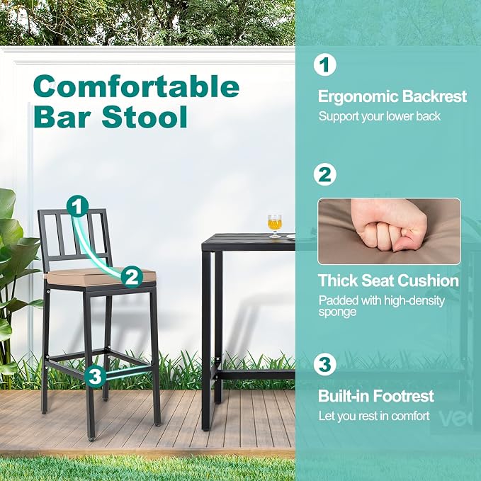 COSTWAY 3 Piece Outdoor Patio Bar Set, Metal Bar Table and Chairs Set - Image 5