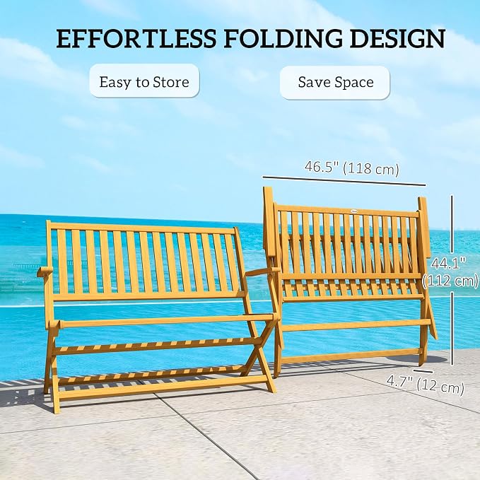 Outsunny Wood Outdoor Bench, 2-Person Foldable Patio Acacia Wood Garden Bench - Image 3