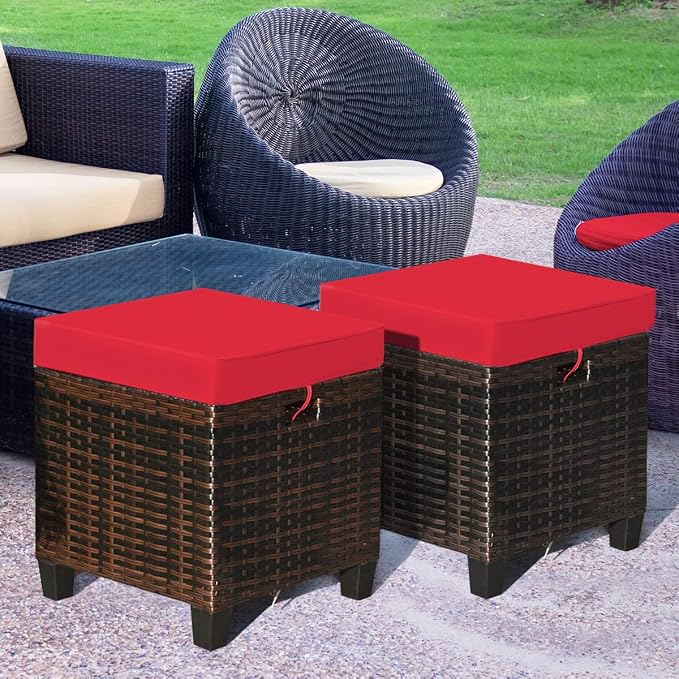 Tangkula 2 Pieces Outdoor Patio Ottoman, All Weather Rattan Wicker Ottoman Seat - Image 5