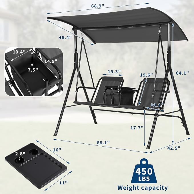 Porch Swing with Cup Holders & Pivot Storage Table & Cooler Bag with Adjustable - Image 7