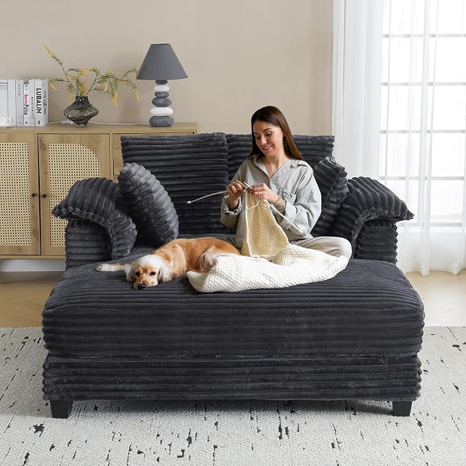 VINGLI 56" Oversized Chaise Lounge Chair, Dark Grey Comfy Corduroy Chaise Sofa - Image 8