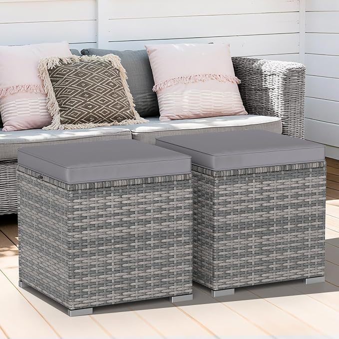 Tangkula 2 Pieces Patio Ottomans, Patiojoy Hand-Woven PE Rattan Side Table - Image 9