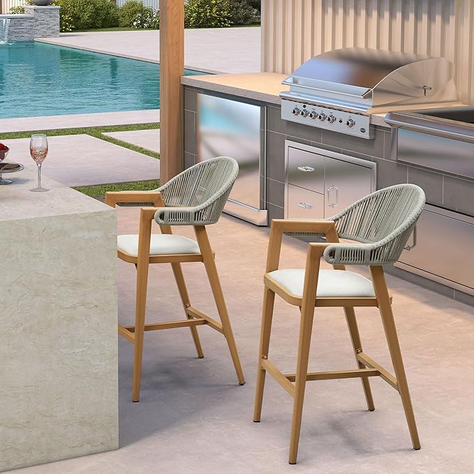 PURPLE LEAF Outdoor Bar Height Bar Stool Set of 2 Rattan Bar Chair by PURPLELEAF