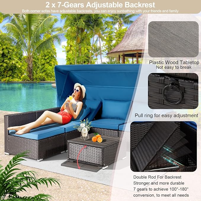 Vicluke 6 Pieces Patio Furniture Sets Outdoor Sectional Sofa Set Rattan Daybed - Image 3