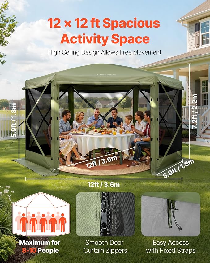 VEVOR Pop up Gazebo Screen Tent, 12 x 12 ft Large 6-Sided Camping Canopy Tent - Image 2