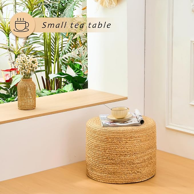 Handwoven Water Hyacinth Ottoman Pouf, Round Outdoor Footstool - Image 2