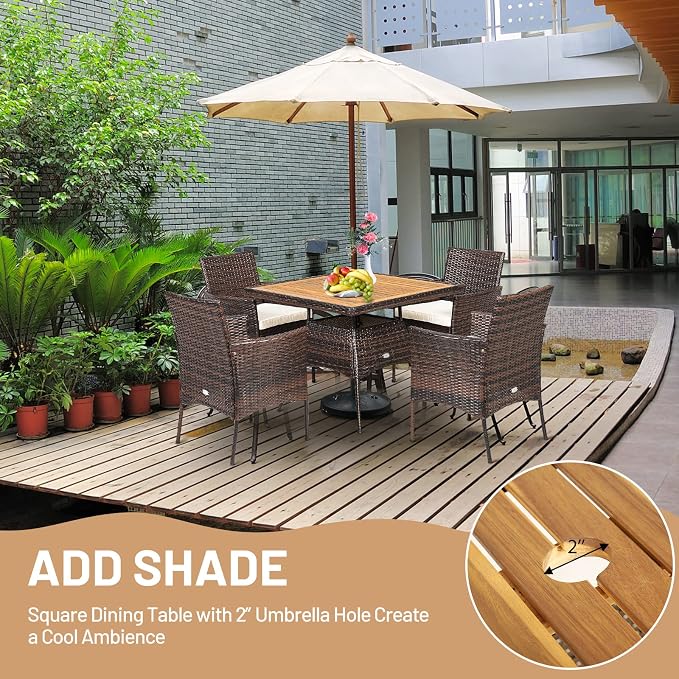 Tangkula 5 Pieces Wicker Patio Dining Set, Outdoor Acacia Wood Dining Furniture - Image 6