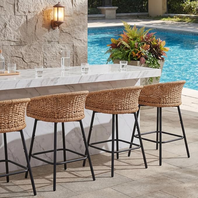 25" Outdoor Counter Height Bar Stools Set of 4, Modern Patio Wicker Bar Chairs by DAYALANE