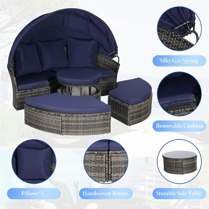 Merax 5 Pieces Outdoor Patio Round Daybed Furniture, All-Weather Wicker - Image 5