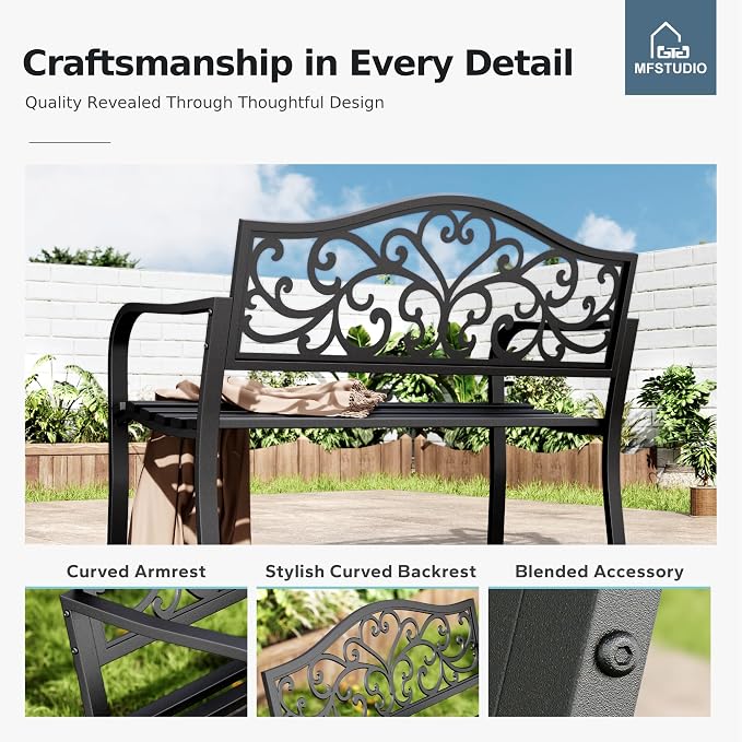 MFSTUDIO Outdoor Metal Bench Set of 2, Garden Patio 43.7 Inches Cast Iron Metal - Image 8