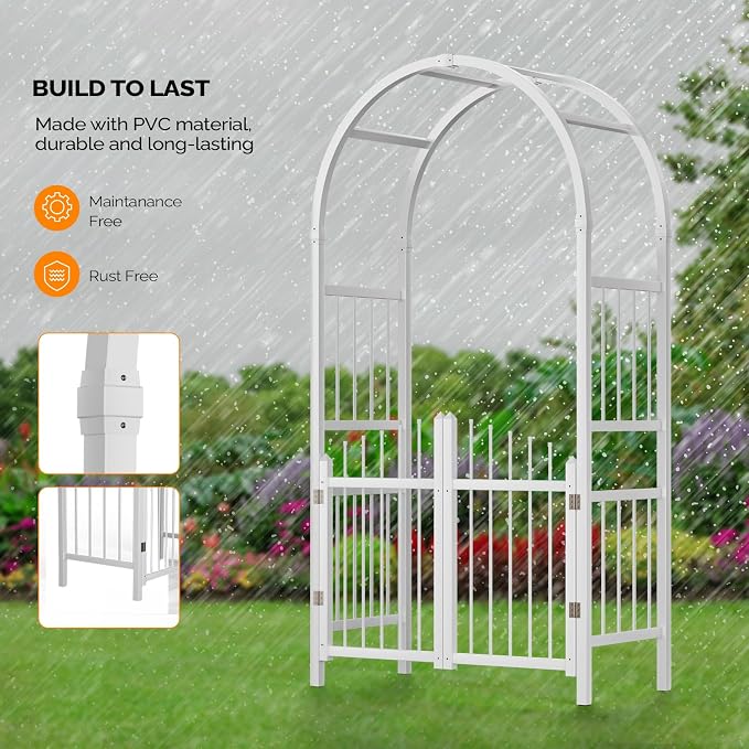 VINGLI Garden Arbor with Gate, PVC Frame Trellis Garden Arch - Image 5