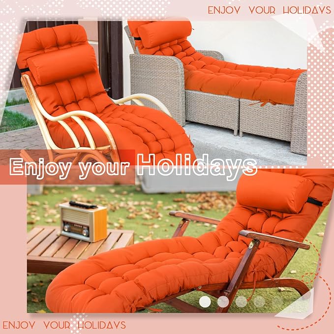 Tudomro 2 Pcs Orange 66'' Outdoor Chaise Lounge Cushion Waterproof Patio Lawn - Image 5