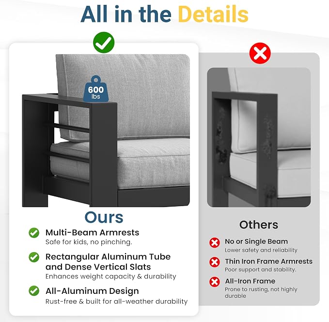 Solaste Aluminum Outdoor Patio Furniture Set, 4 Seats Patio Sectional Sofa - Image 6