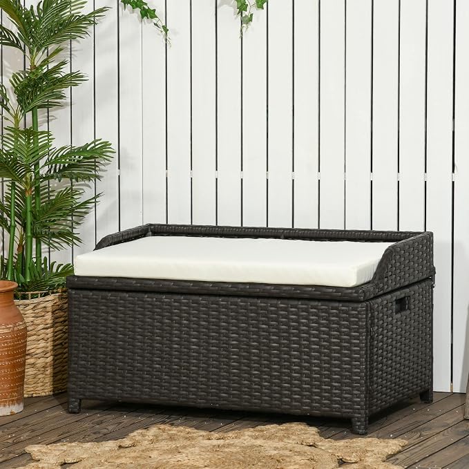 Outsunny 38 Gallon Outdoor Wicker Storage Bench Deck Box, PE Rattan Patio - Image 2