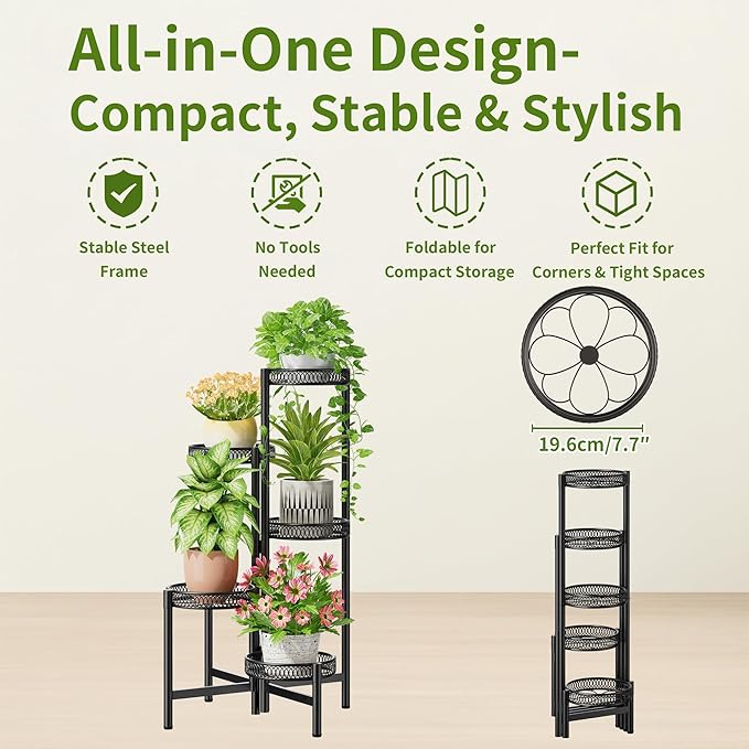 Plant Stand Indoor Outdoor, 5 Tier Corner Metal Flower Display Holder Stand - Image 5