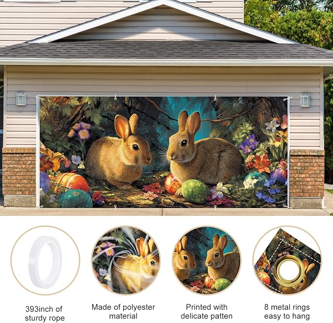 ANNA QUEEN Easter Bunny Garage Door Banner 6x13FT, Two Rabbits and Easter Eggs - Image 4