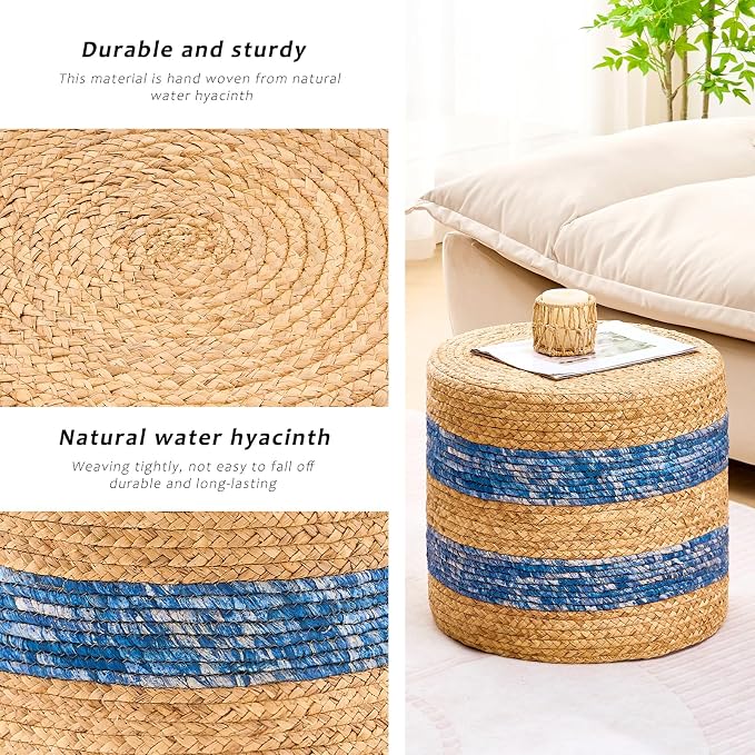 Handwoven Ottoman Pouf, Natural Water Hyacinth Footstool, Round Braided Outdoor - Image 5
