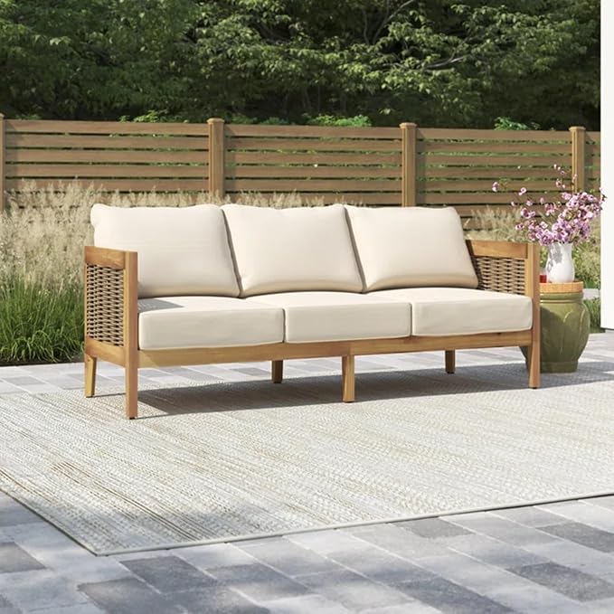 Merax 76.5" Outdoor Acacia Wood Wicker 3 Seater Sofa, Patio Furniture Couch - Image 4