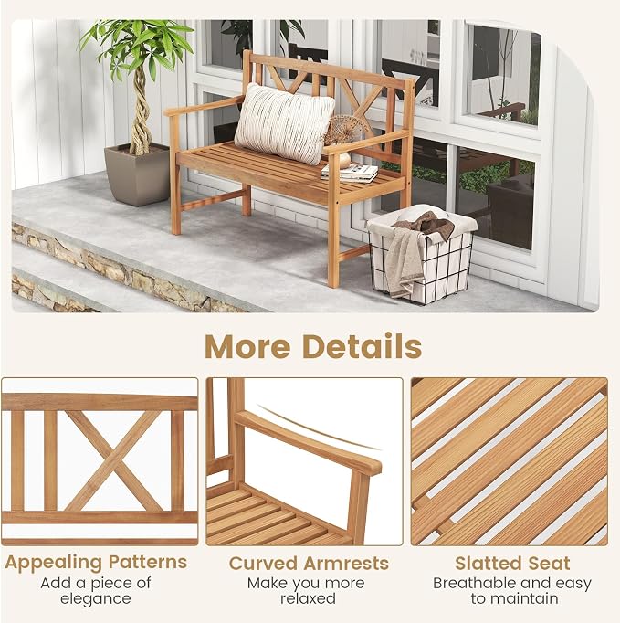 COSTWAY Outdoor Wooden Bench, Outdoor Acacia Wood Loveseat - Image 5