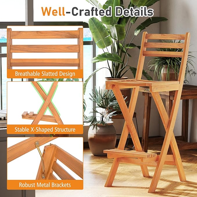 Tangkula Patio Folding Barstool Set of 4, Outdoor Portable High Top Acacia Wood - Image 8