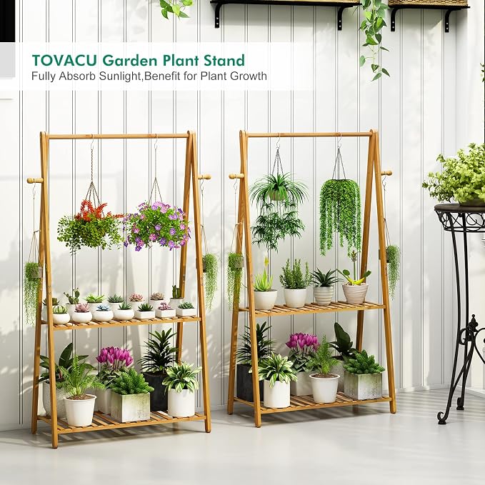 Hanging Plant Shelf Indoor Outdoor Plant Stands Wood Flower Stand 2 Tiered - Image 4