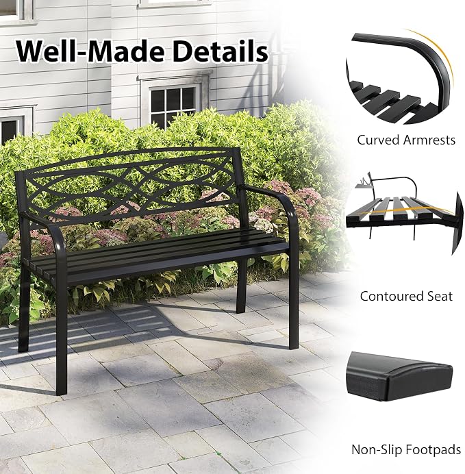 Tangkula Outdoor Metal Garden Park Bench, Heavy-Duty Metal Slatted Loveseat - Image 6