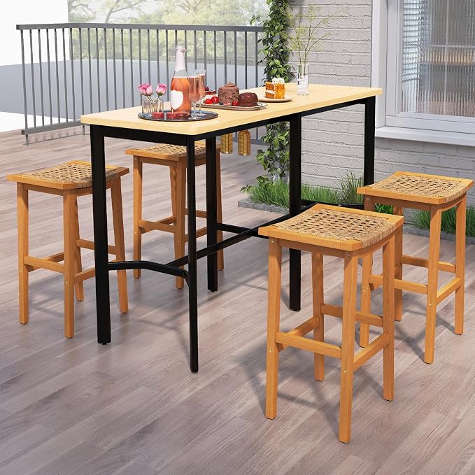 Giantex Outdoor Wooden Bar Stools Set of 4, Solid Acacia Wood Bar Height Stools - Image 4