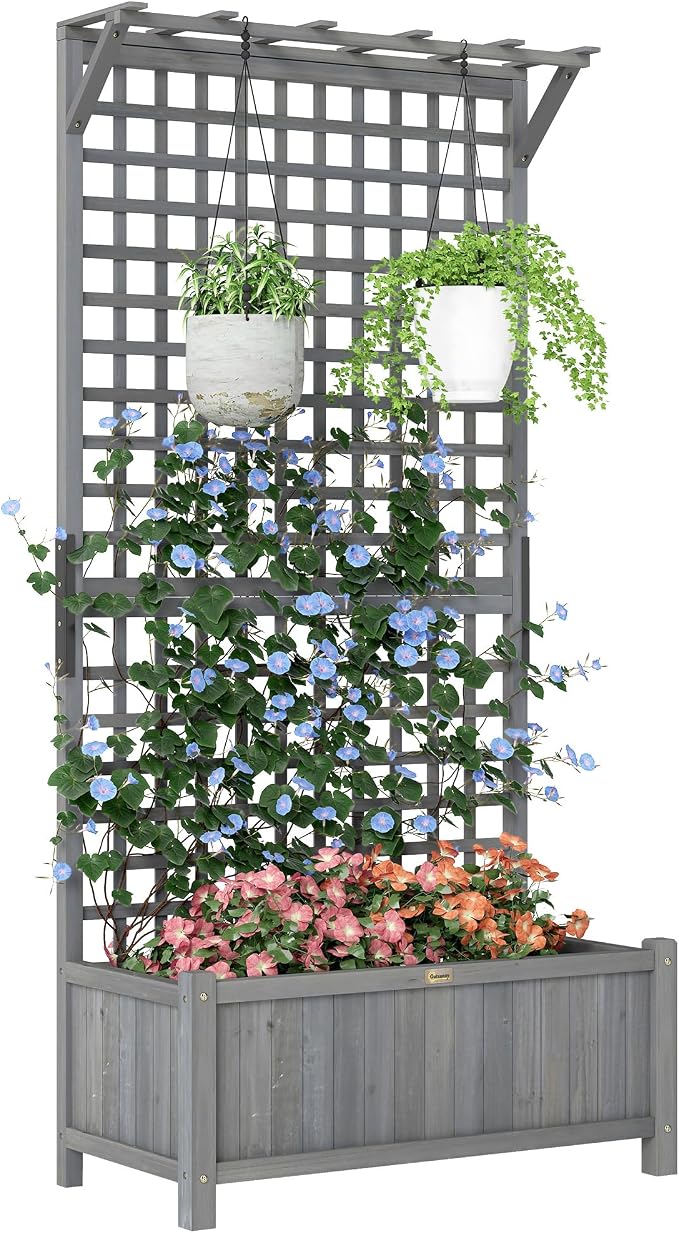 Outsunny Wood Planter with Trellis, Raised Garden Bed by Outsunny
