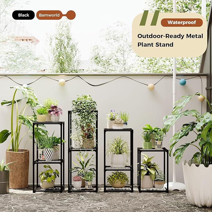 Bamworld Plant Stands Indoor 4 Sets Plant Shelves Outdoor Metal Plant Holder - Image 3