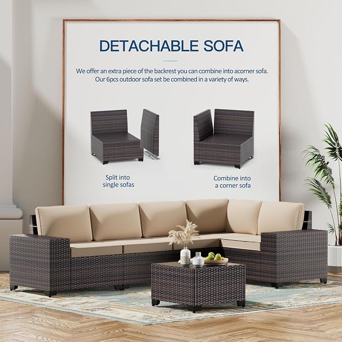 Kullavik 6PCS Outdoor Patio Furniture Set PE Wicker Rattan Sectional Sofa Patio - Image 3