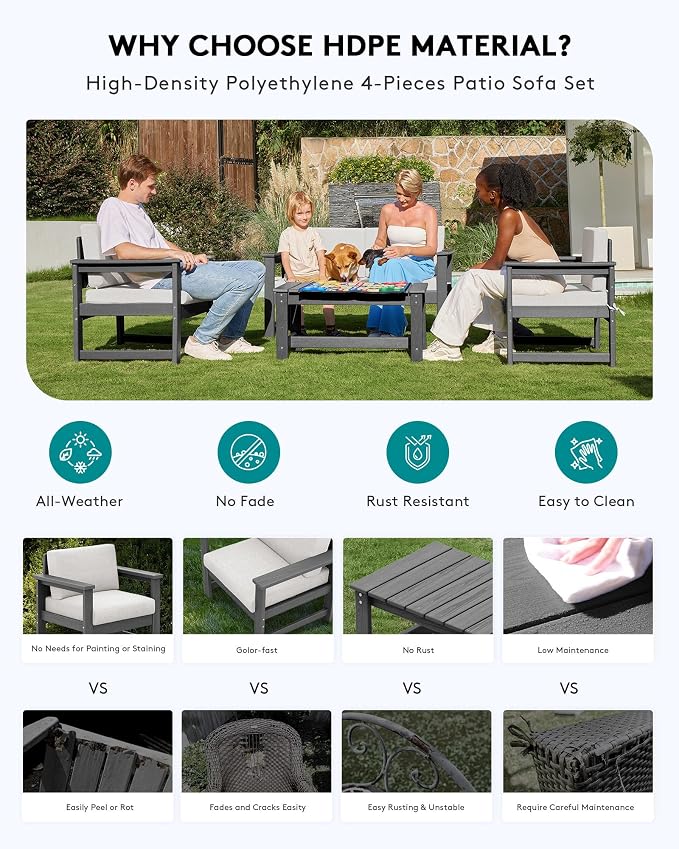 SERWALL 4 Pieces HDPE Outdoor Sofa Set - Image 4