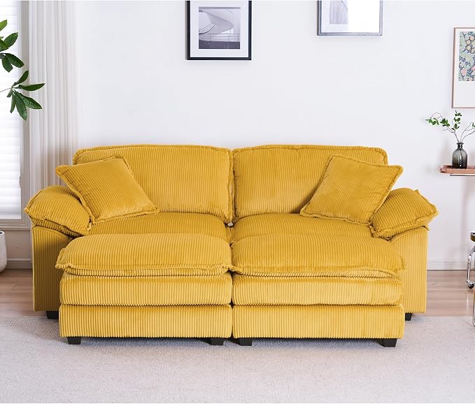 84.6” Corduroy Loveseat with Ottoman, Oversized Double Chaise Lounge Chair - Image 2