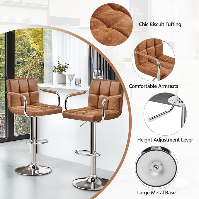 Yaheetech Bar Stools Set of 2, PU Leather Adjustable Swivel Barstools, - Image 7