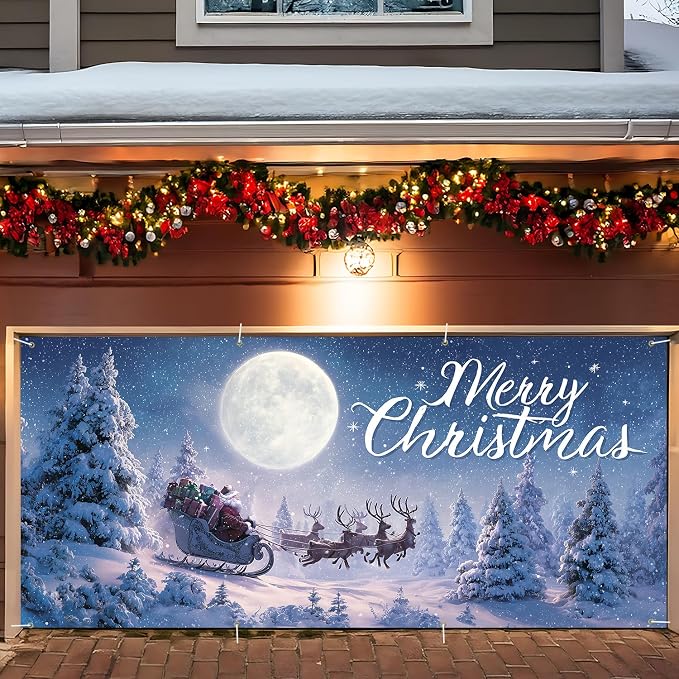Merry Christmas Santa Sleigh Garage Door Decorations 6x13FT, Flying Reindeer by ANNAQUEEN