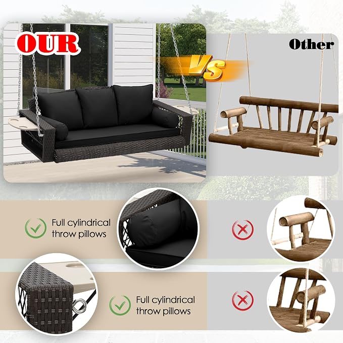 3-Person Hanging Porch Swing, Outdoor Wicker Chair, 76inch Bench - Image 2