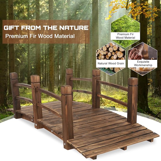 HOMEDIARY 5 FT Fir Wood Garden Bridge, Outdoor Stained Wood Arc Footbridge - Image 7