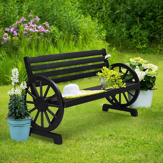 VINGLI Rustic Wooden Wheel Bench Outdoor Bench, Patio Bench Wagon Slatted Seat - Image 8