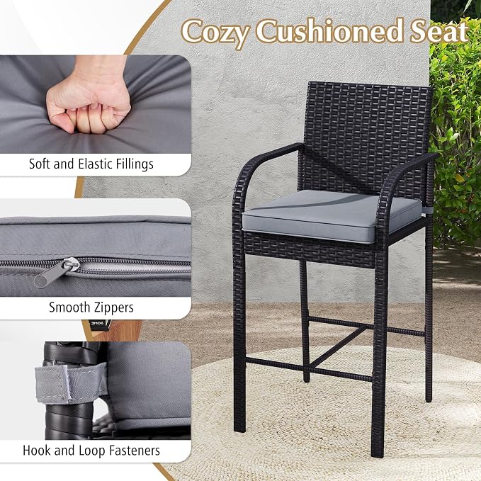 Tangkula 3 Piece Patio Wicker Bar Set, Outdoor Rattan Counter Height Cushioned - Image 5